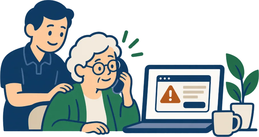 Une personne âgée au téléphone, accompagnée par quelqu'un qui pose une main rassurante sur son épaule, devant un ordinateur affichant une alerte.